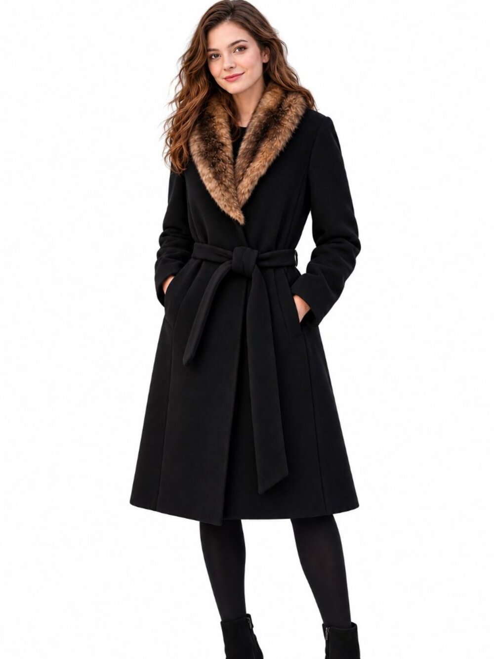Vintage Mario De Pinto Black Wool Coat — Faux Fur Collar - Roomy Medium